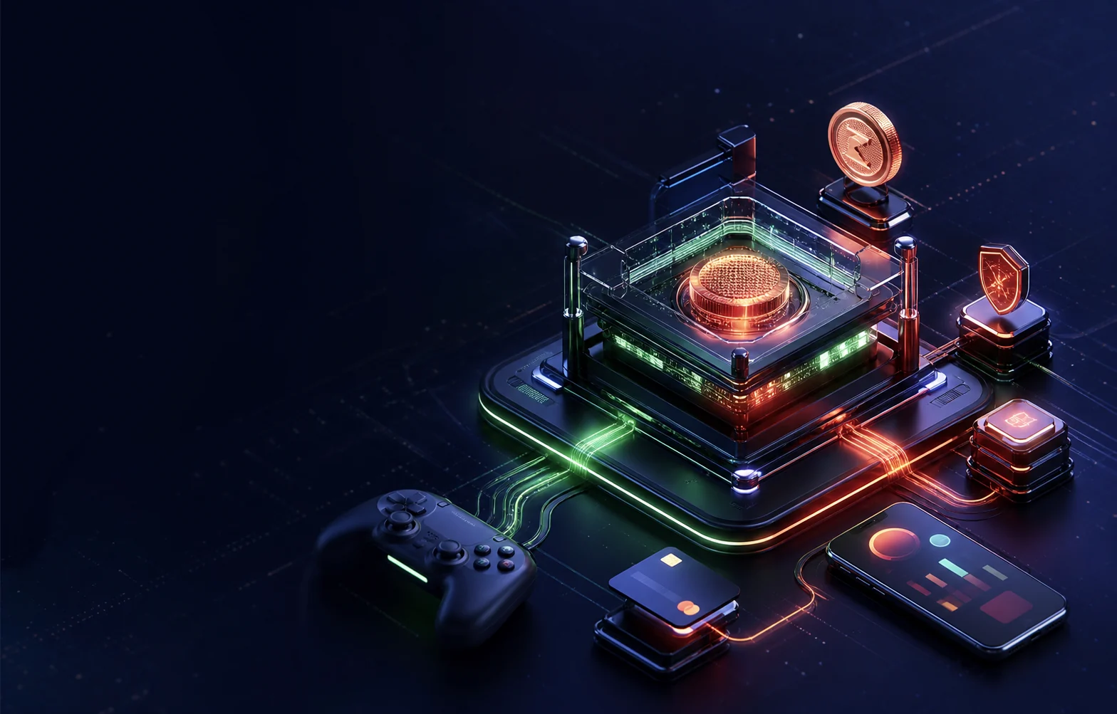 Gaming Payment Gateway infrastructure connecting a controller, mobile device and secure transaction core
