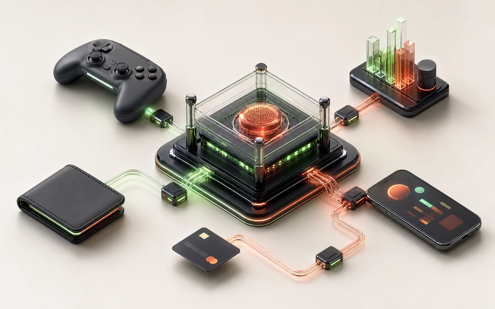 Modular gaming payment solution connected to wallet, card and analytics nodes