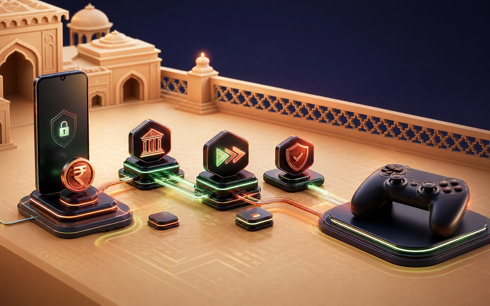 India-focused gaming payments route with mobile, bank and security nodes